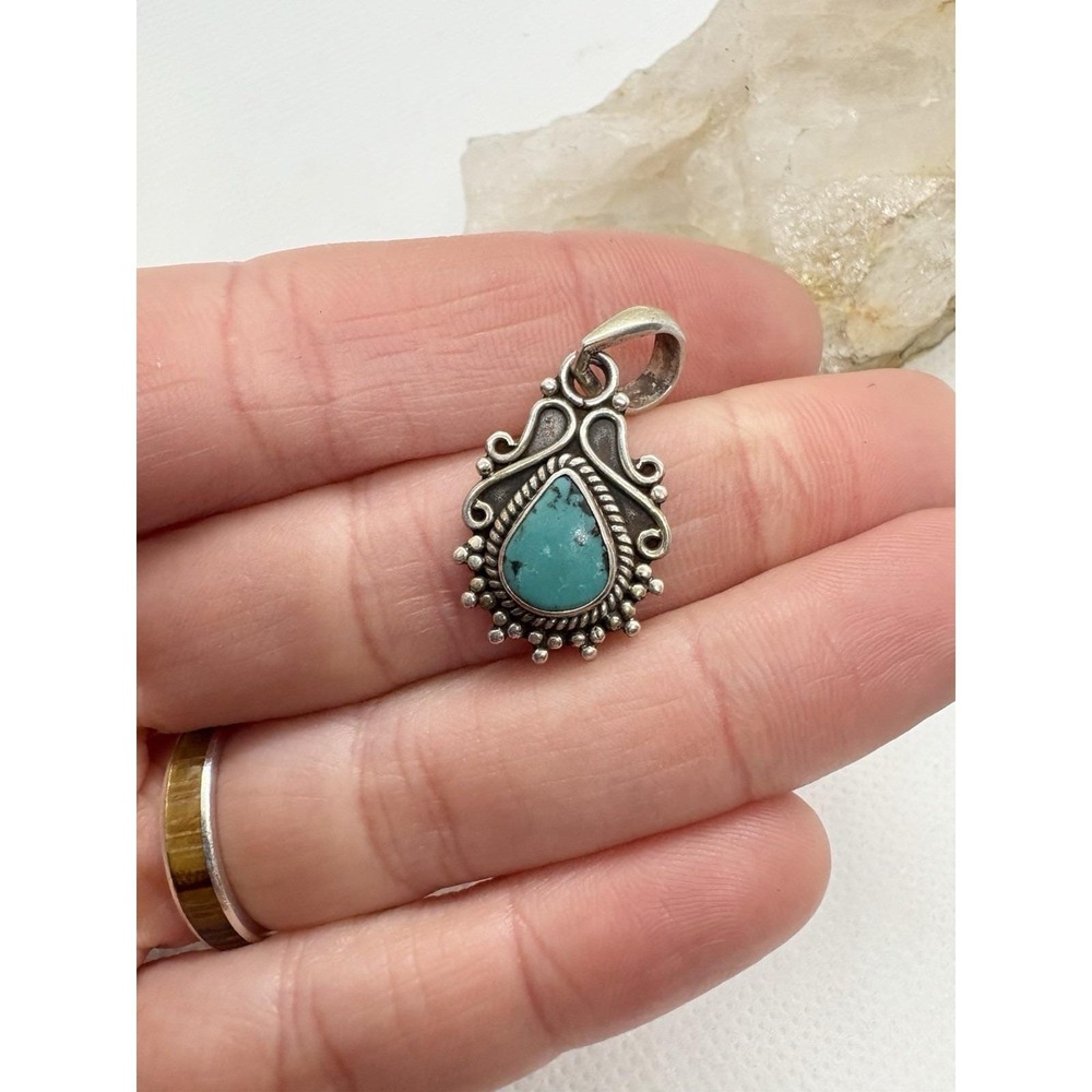 Vintage Sterling Silver 925 Turquoise Pendant Southwestern Teardrop Setting 3g - Picture 2 of 8